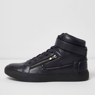 Navy blue hi top strap trainers